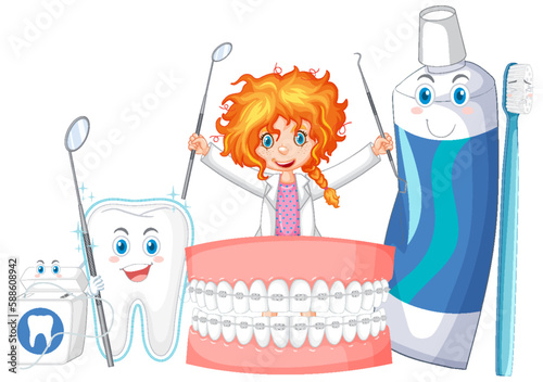 Smiling Dentist and Dental Elements Vector Set
