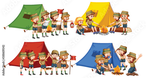 Set of Children Enjoying Camping