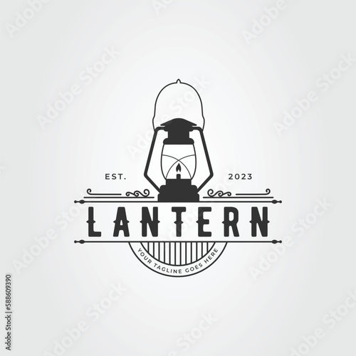 kerosene lantern or vintage lamp with badge logo vector illustration design