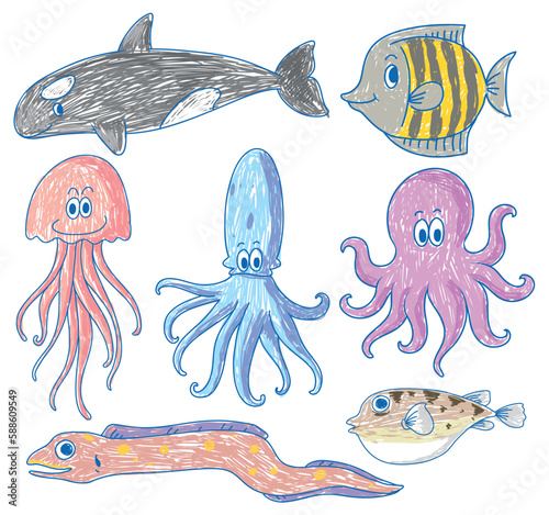 Simple children scribble of sea creatures