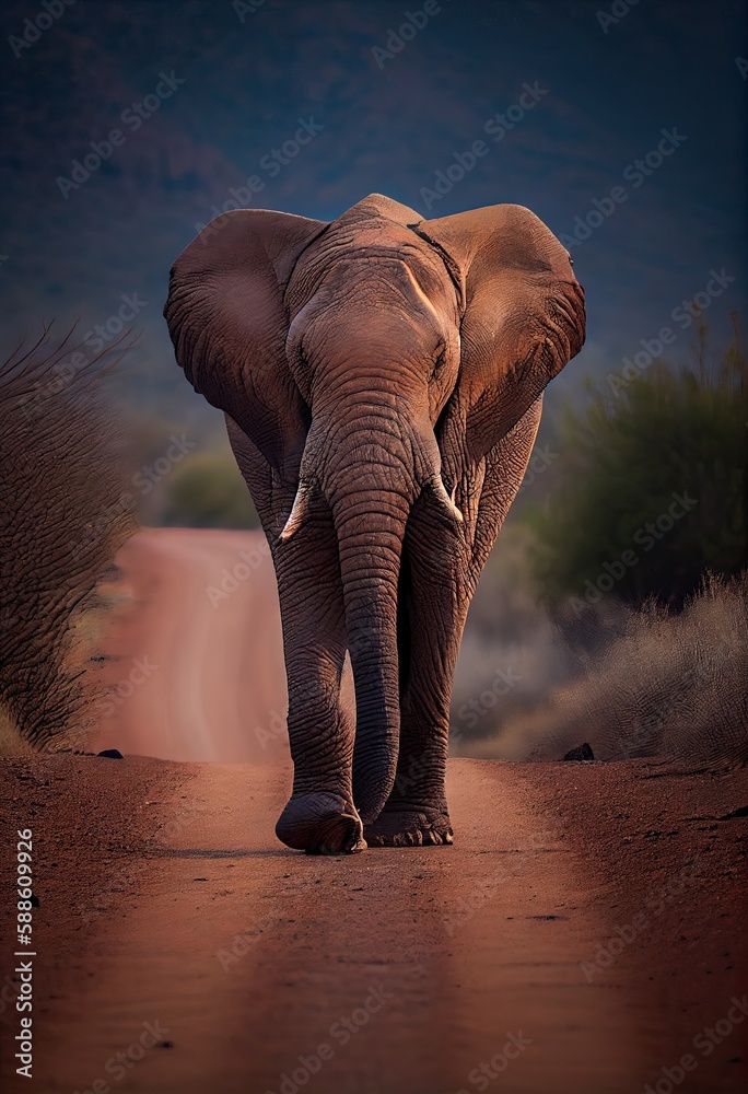 Elephant walking towards the camera on a dirt road, generative ai