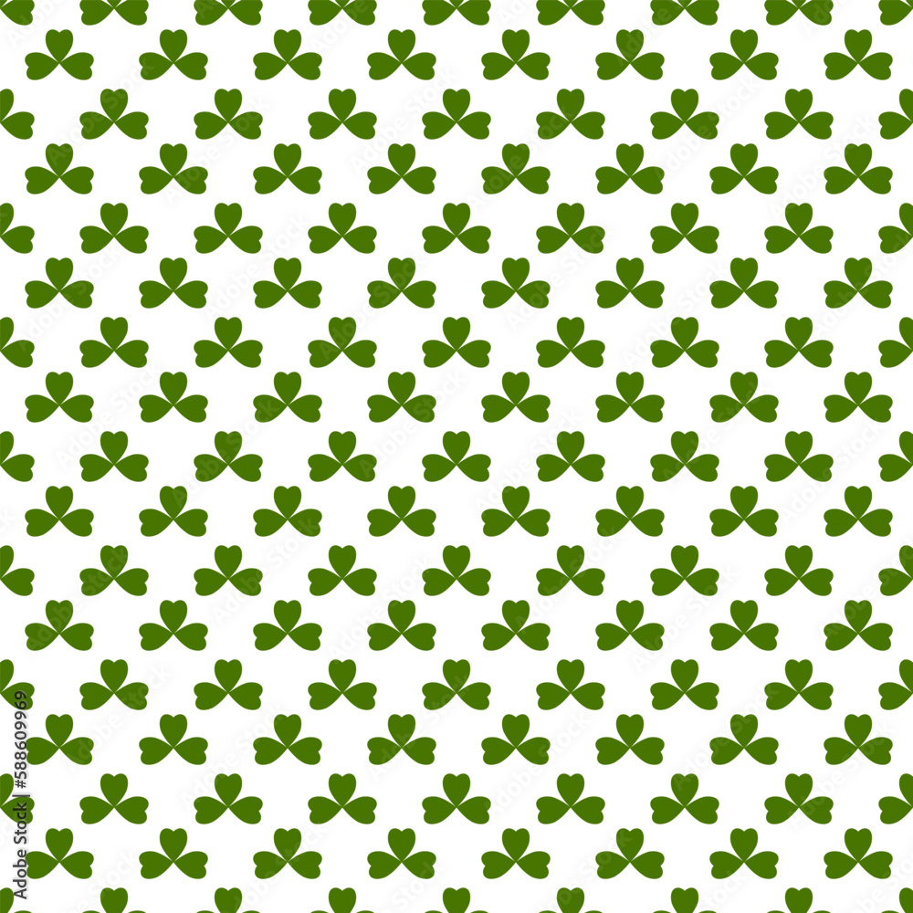 Shamrock or green clover leaves seamless pattern background flat design vector illustration isolated on white background. St Patrick’s Day shamrock symbols decorative elements pattern. Shamrock or green clover leaves seamless pattern background flat design vector illustration isolated on white background. St Patrick’s Day shamrock symbols decorative elements pattern.