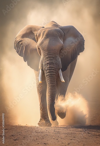 Elephant walking through a dry and dusty landscape, generative ai