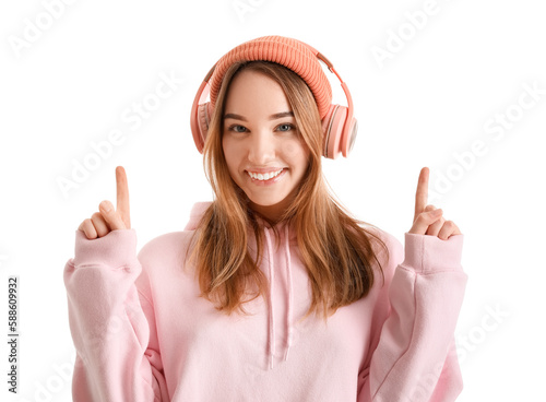 Young woman in headphones p...