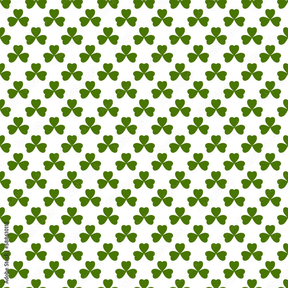 Shamrock or green clover leaves seamless pattern background flat design vector illustration isolated on white background. St Patrick’s Day shamrock symbols decorative elements pattern. Shamrock or green clover leaves seamless pattern background flat design vector illustration isolated on white background. St Patrick’s Day shamrock symbols decorative elements pattern.