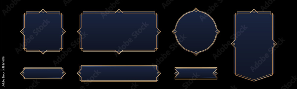 Realistic set of vintage avatar frames and game buttons isolated on black background. Vector illustration of art deco style borders for rpg interface design. Square, rectangular, round royal signs