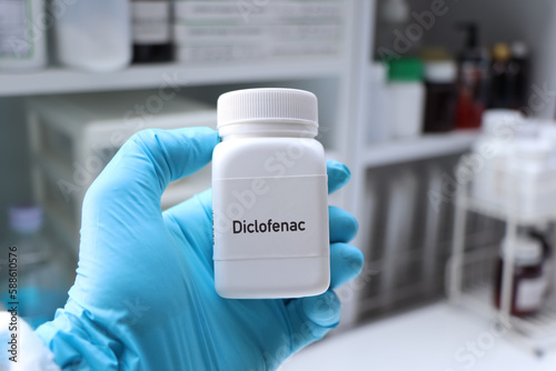 Diclofenac pill in white bottle, pill stock photo