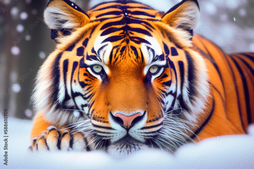 close-up portrait of Siberian tiger laying in the snow with its eyes wide open. generative ai illustration