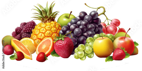 Assortment of different fruits and berries, flat lay, top view, apple, strawberry, orange, mango, grape, lemon, kiwi, peach, pineaplle, banana, watermelon, isolated on transparent background