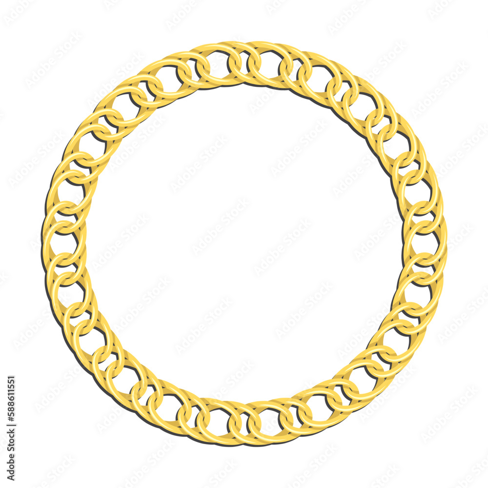 Obraz premium Golden wide round chain frames for decorative headers. Gold metal double weave chain frames isolated on white background. Vector
