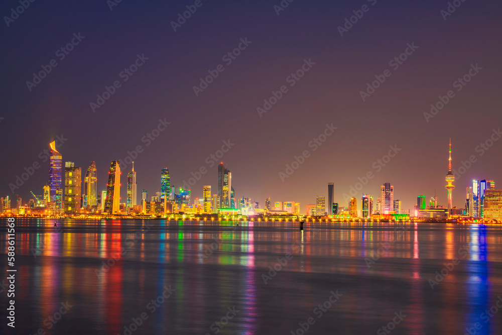 Kuwait Skyline view from beach during the national day celebration