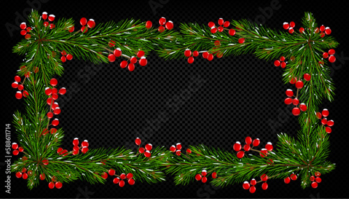 Holiday frame of Christmas tree branches with red holly berries and white snow. Banner, poster or card decoration with border of green pine or fir twigs with mistletoe, vector realistic illustration