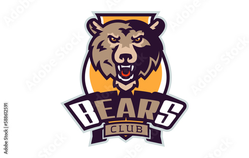 Sports logo with bear mascot. Colorful sport emblem with bear, grizzly mascot and bold font on shield background. Logo for esport team, athletic club, college team. Isolated vector illustration