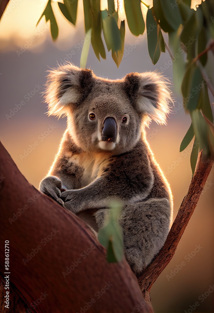 Fototapeta premium Koala sitting in the crook of a tree, generative ai