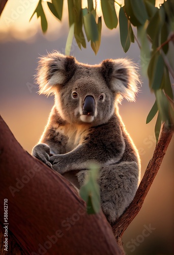 Koala sitting in the crook of a tree, generative ai