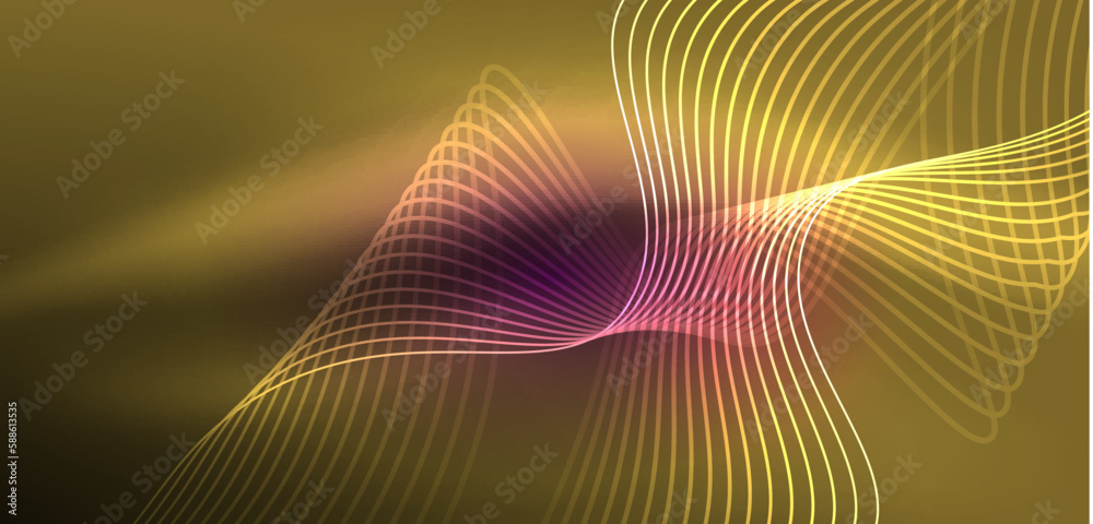 Shiny glowing neon wave. Neon light or laser show, electric impulse, power lines, techno quantum energy impulse, magic glowing dynamic lines