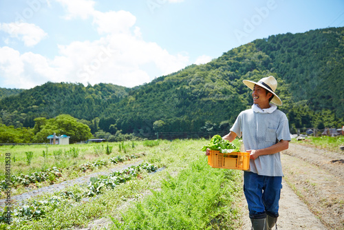 野菜が入ったカゴを抱えて歩く男性 photo