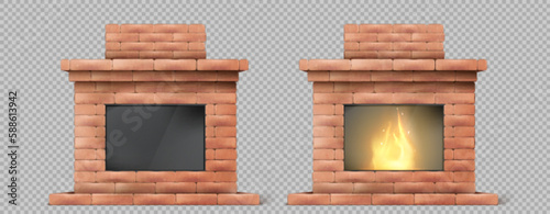 Realistic fireplace with fire isolated on transparent background. Vector illustration of flame burning in brick furnace with chimney. Traditional home heating equipment. Interior design element