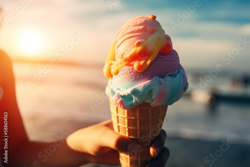 Close-up of child's hand showing colorful ice cream in waffle cone on sunny day on beach at sea. Generative AI