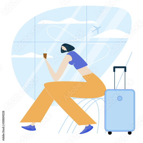 The woman, passenger waits boarding to plane in the waiting hall airport and drinks coffee. She goes to the journey in airplane.