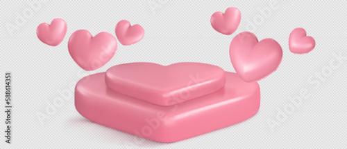 Realistic pink podium with hearts flying around isolated on transparent background. Vector illustration of platform in shape of love symbol. Product display mockup for sale presentation. Romantic gift