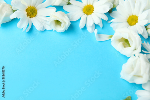 Composition with beautiful chamomile and eustoma flowers on color background, closeup