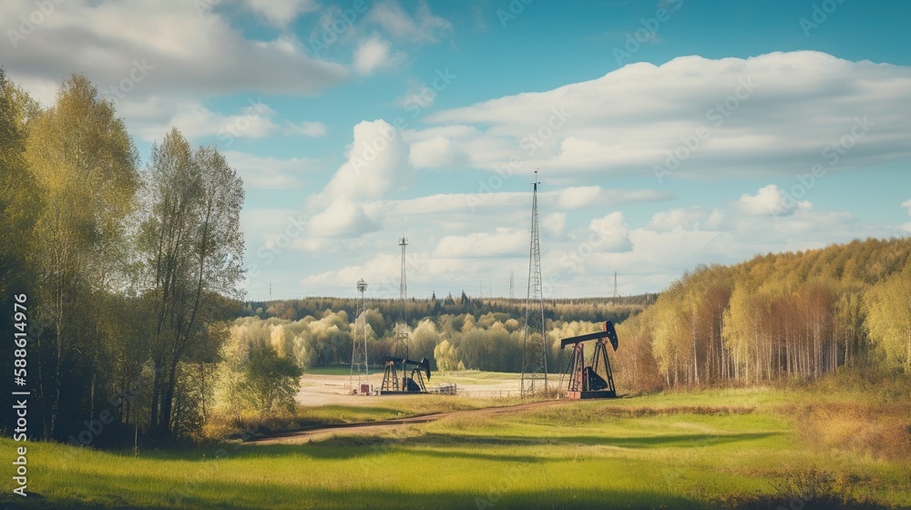Obraz premium Oil pump on on hills landscape. Oil pumps. Generative AI