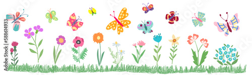 Children's drawing. Flowers, butterflies, ladybug, hearts on a white background