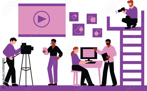 Video blogging. Blogger with camera on tripod. Video blogger. Vector illustration in flat style