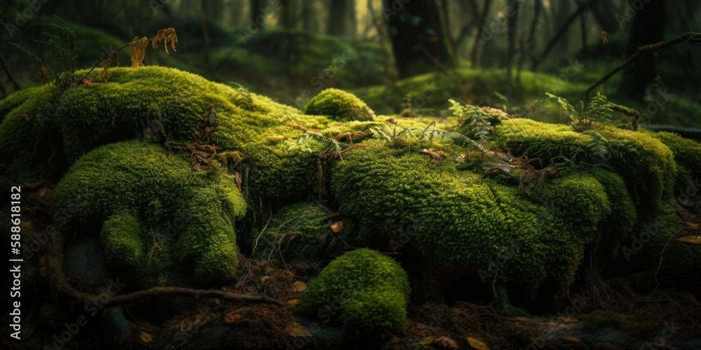 Green moss background. Wildlife landscape. Wide banner. Copy space. Design. Empty space for the product