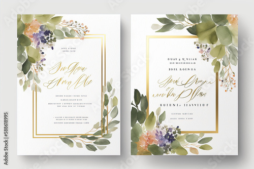 wedding invitation,thank you card ,rsvp, details,template design with watercolor greenery leaf and branch, watercolor invitation , beautiful floral wreath. Generative AI 