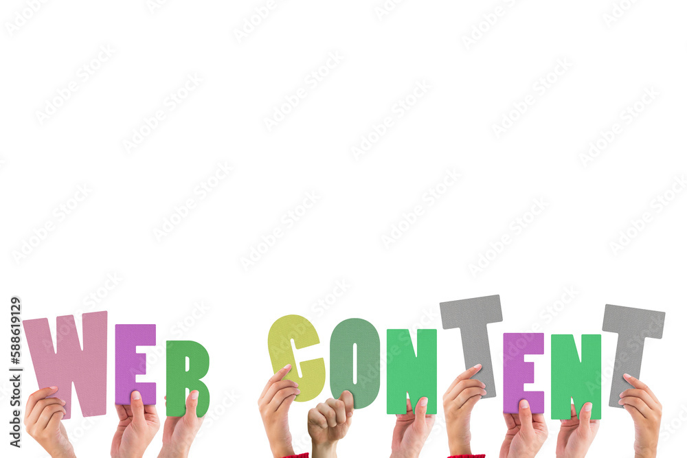 Colorful alphabet spelling content held up by people Colorful alphabet spelling content held up by people