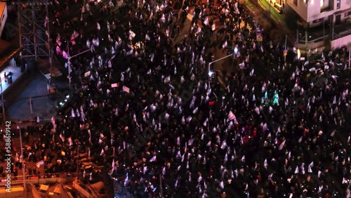 Thousands Israelis protest in Tel Aviv against Supreme court trample.Aerial 
plans by prime minister Benjamin Netanyahu new government to trample the legal system and the supreme court
Tel Aviv, Israe photo