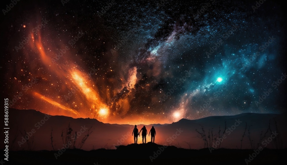 Epic Night sky with stars and silhouette of a standing happy three men, travellers, with orange yellow light. Space background. AI generated