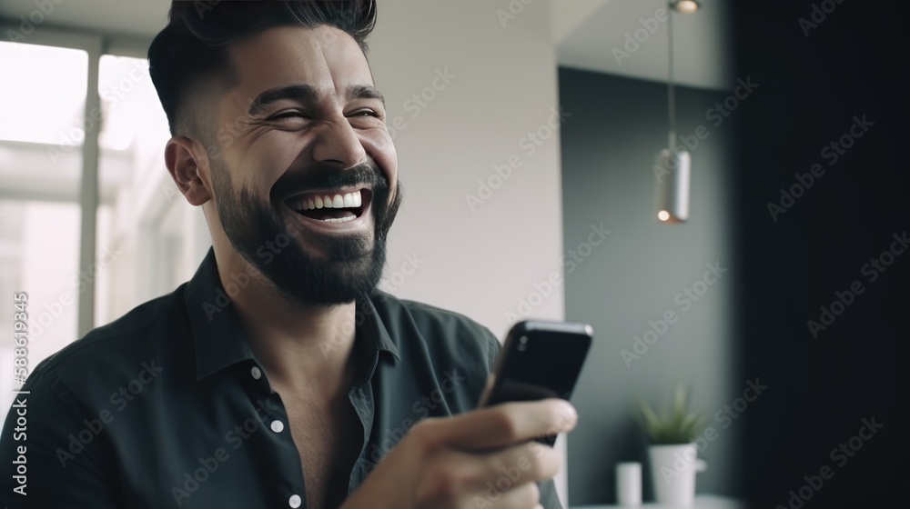 A happy handsome man smiling and laughing while using a smartphone in living room at home. Technology in everyday life. AI generated A happy handsome man smiling and laughing while using a smartphone in living room at home. Technology in everyday life. AI generated
