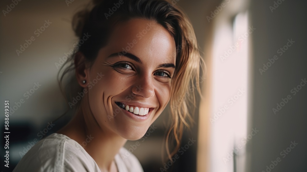 A photo of a beautiful happy relaxing woman smiling at a camera at home. Happiness and beauty. AI generated