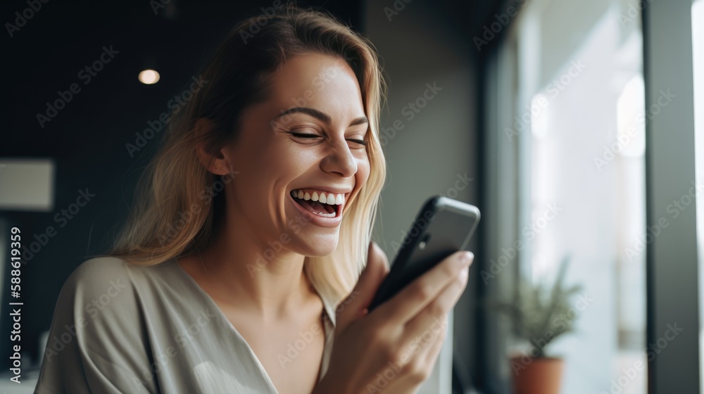 A happy Beautiful woman laughing while using a smartphone at home. Technology in everyday life. AI generated A happy Beautiful woman laughing while using a smartphone at home. Technology in everyday life. AI generated