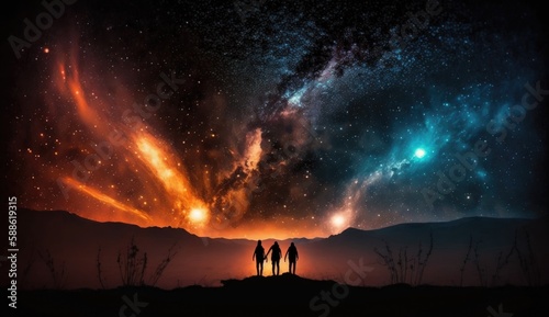 Epic Night sky with stars and silhouette of a standing happy three men, travellers, with orange yellow light. Space background. AI generated