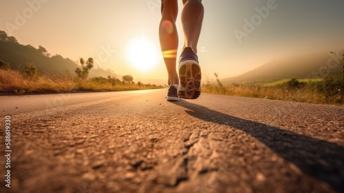 Athlete runner feet running on road towards a morning sunlight. Keep moving towards the goal. Being determined. Work out and wellness. AI generated