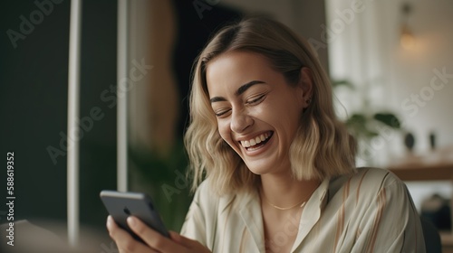 A happy Beautiful woman laughing while using a smartphone at home. Technology in everyday life. AI generated