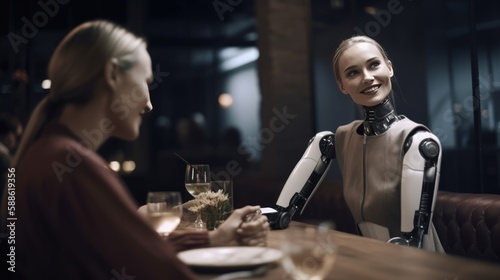 A female humanoid robot smiling happily while having a conversation with her owner at a dinning table. Artificial intelligence becomes sentient and conscious. Human and AI coexistence. generative-ai
