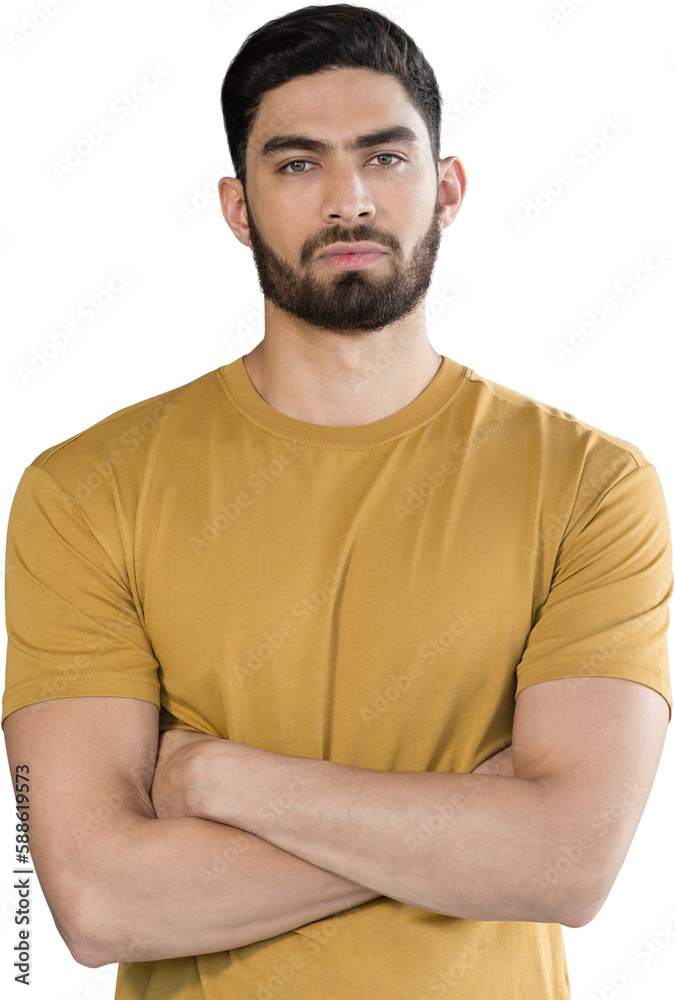 Handsome man posing with arms crossed against grey background