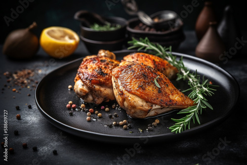 Grilled chicken legs with spices on a black plate on a stone background with copy space for your text