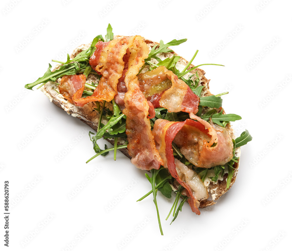 Tasty bacon bruschetta with arugula on white background Tasty bacon bruschetta with arugula on white background