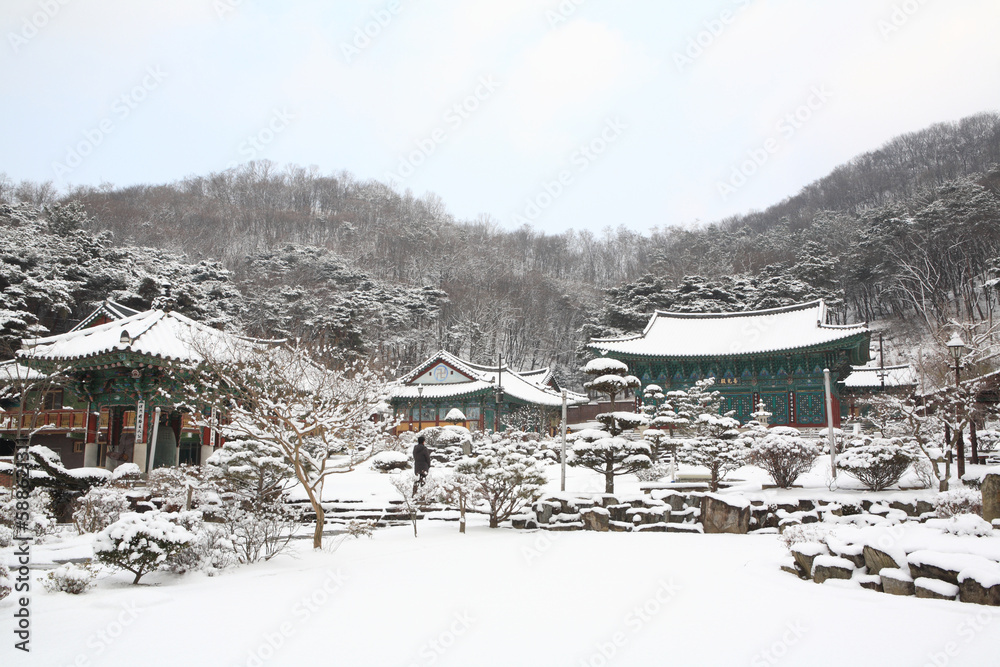 snow falls on a temple