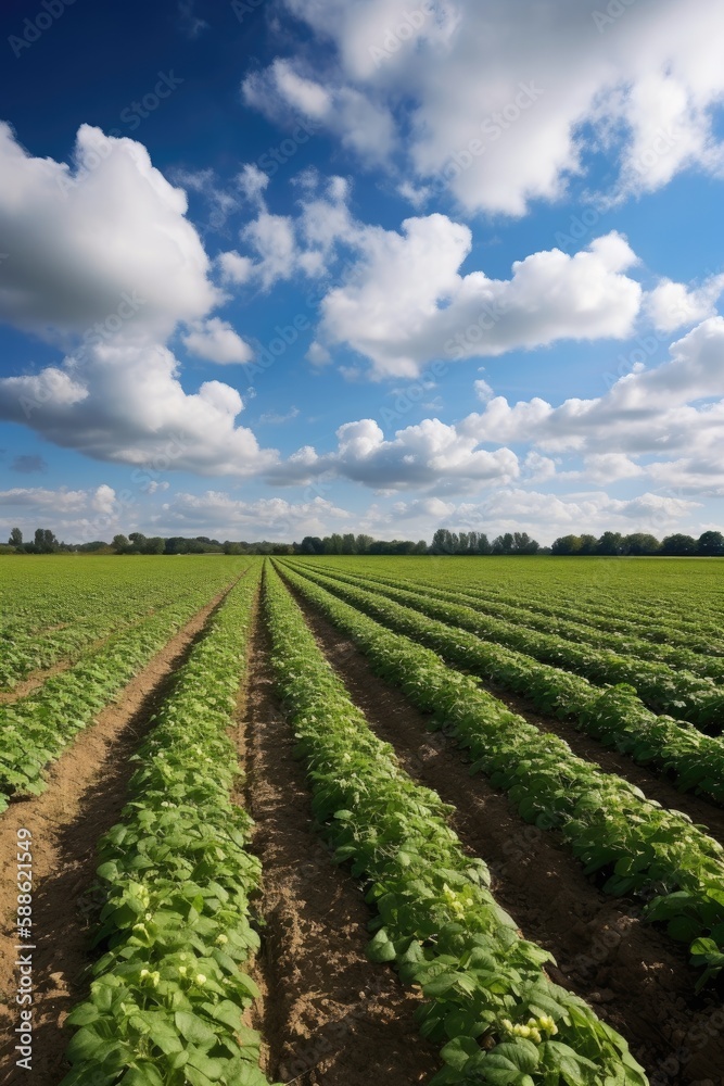 Sunlit green field of potato crops in a row. Generative AI