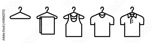 Clothes on hanger icon set. Tank top, T-shirt, polo shirt and towel.