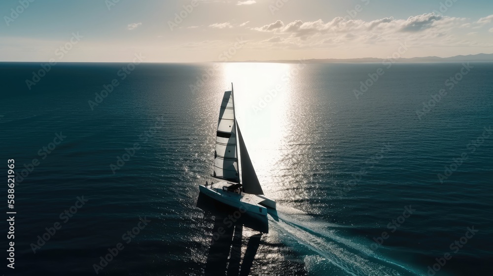 Fototapeta premium Lonely Yacht Sailing on the Endless Ocean, Gen AI