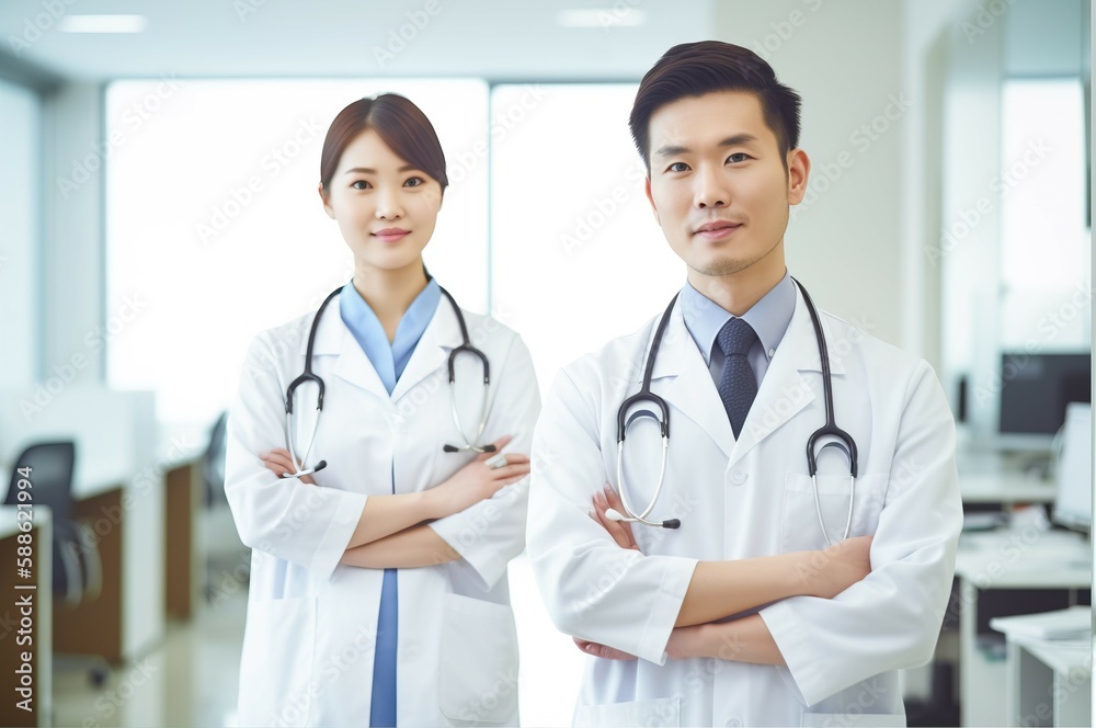 An image of a male doctor standing alongside a nurse in a hospital. AI-generated images An image of a male doctor standing alongside a nurse in a hospital. AI-generated images