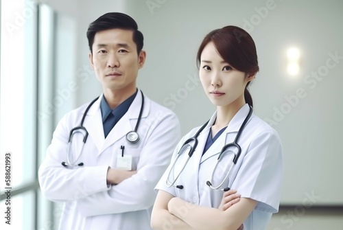 An image of a male doctor standing alongside a nurse in a hospital. AI-generated images